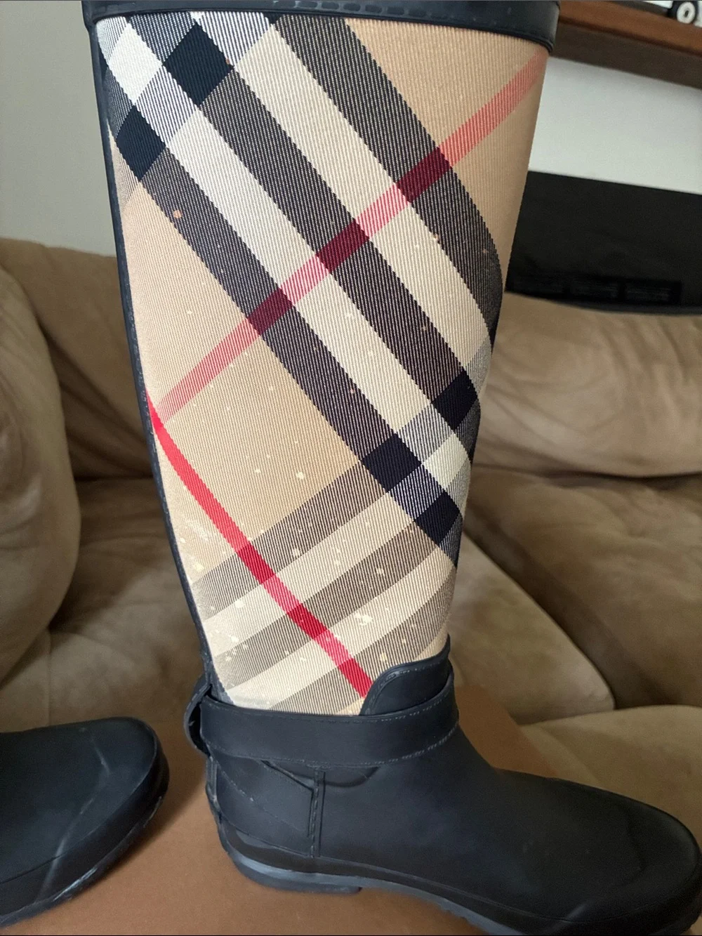 Burberry Black & Beige Check Tall Rain Boots for women